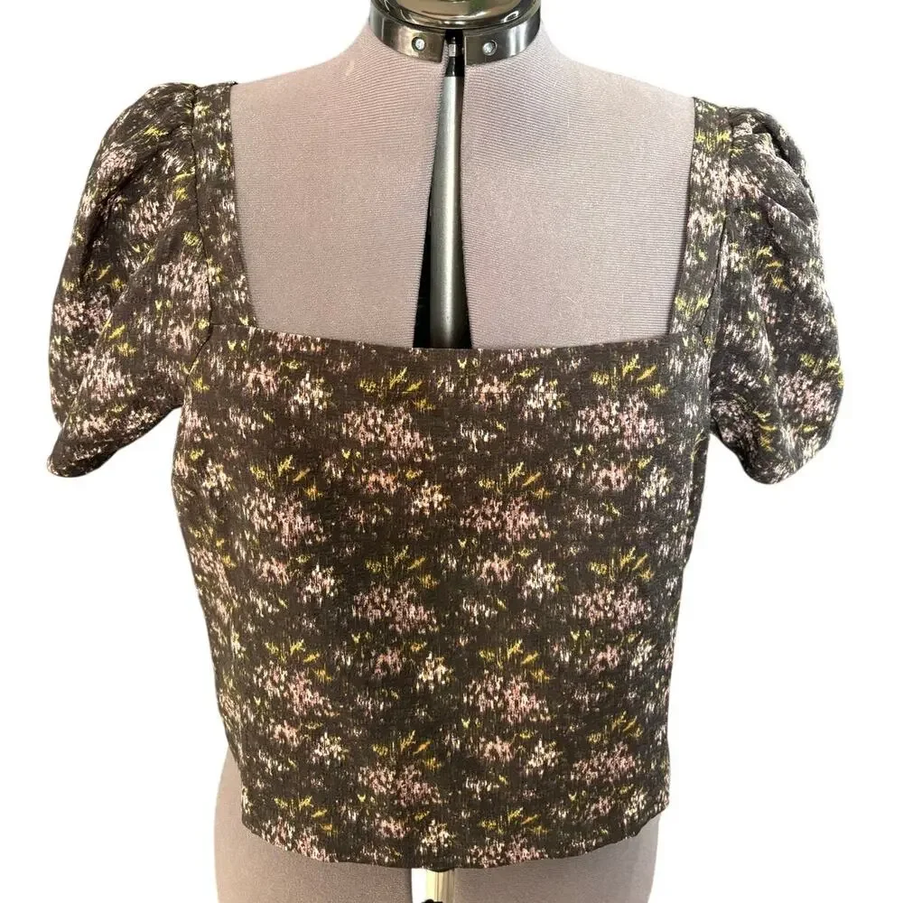 Madewell Womens Size L Floral Square Neck Puff Sleeve Smocked Back Blouse Top